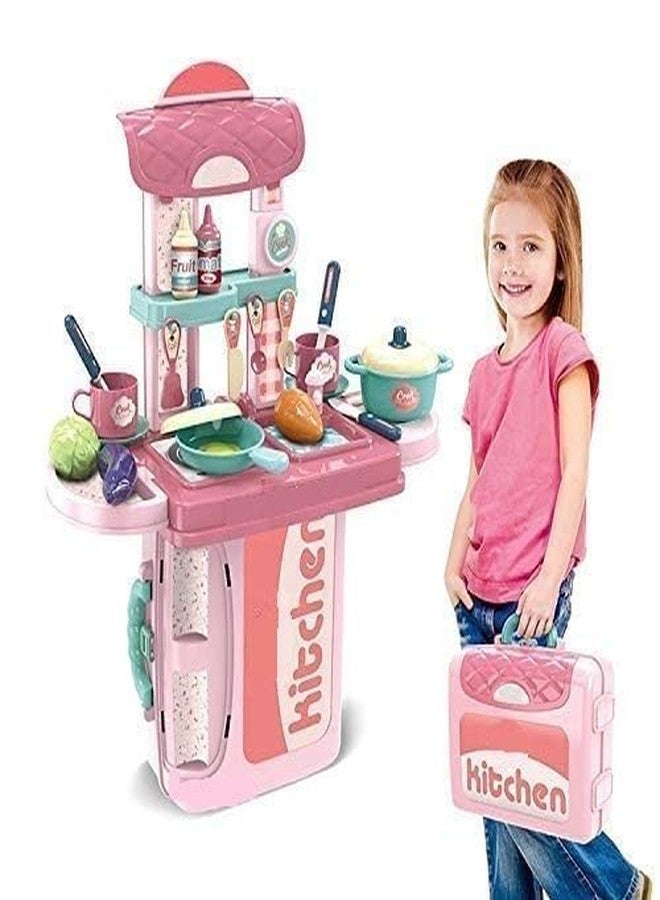 Coracy 3 in 1 Portable Pretend Food Party Role Cooking Kitchen Play Set Plastic Toy for Boys and Girls - Pink - Image 3